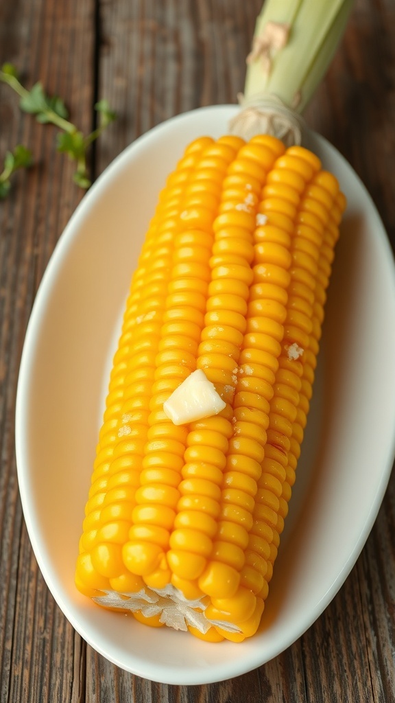 Freshly cooked corn on the cob with butter and salt on a rustic wooden table.